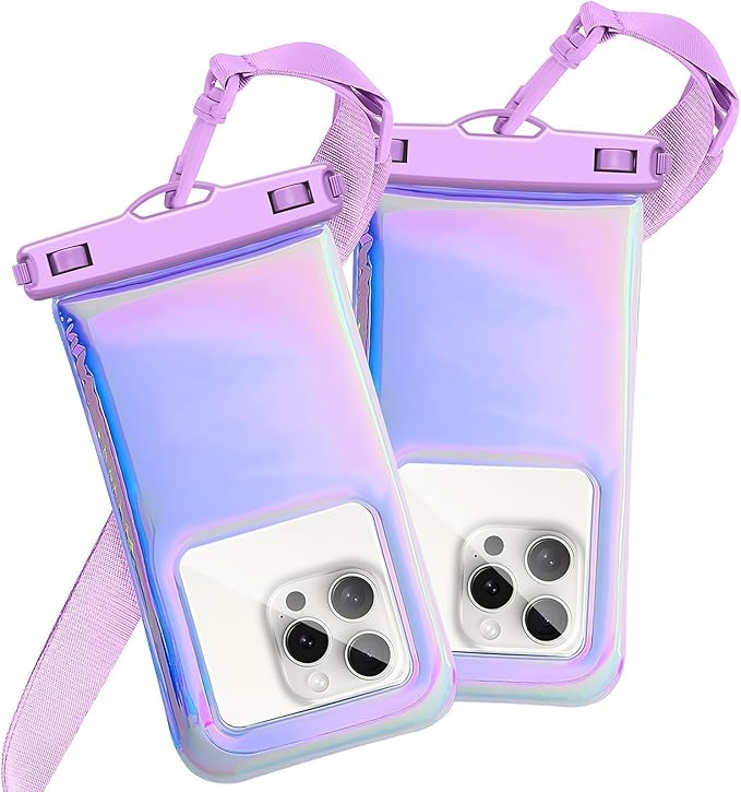 2 Pack Foweroty Floatable Waterproof Phone Pouch Case for iPhone 17 16 Pro Max/15/14/13/12, IP68 Travel Cellphone Dry Bag Beach Cruise Ship Essentials Bags with Crossbody Lanyard, Iridescent Purple-7″