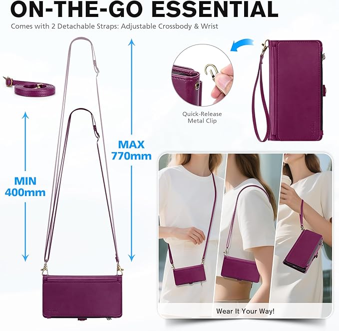 TUCCH Crossbody Detachable Wallet Case for iPhone 17 (6.3") 2025, 9 Card Holders RFID Blocking, Wireless Charging, Stand, Wrist Strap, Lanyard, Zipper Pocket, PU Leather Shockproof Cover, Plum Purple