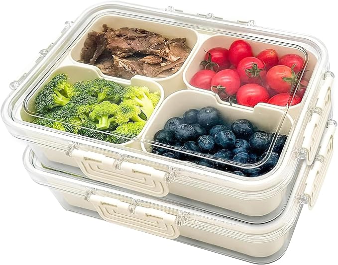 Snackle Box Container, Upgrade Dishwasher,Safe Snack Box for Adult Kids, 4 compartments Plastic Divided Serving Tray with Lid and Handle for Candy, Fruits, Snacks, Nuts,Small,2 Pack