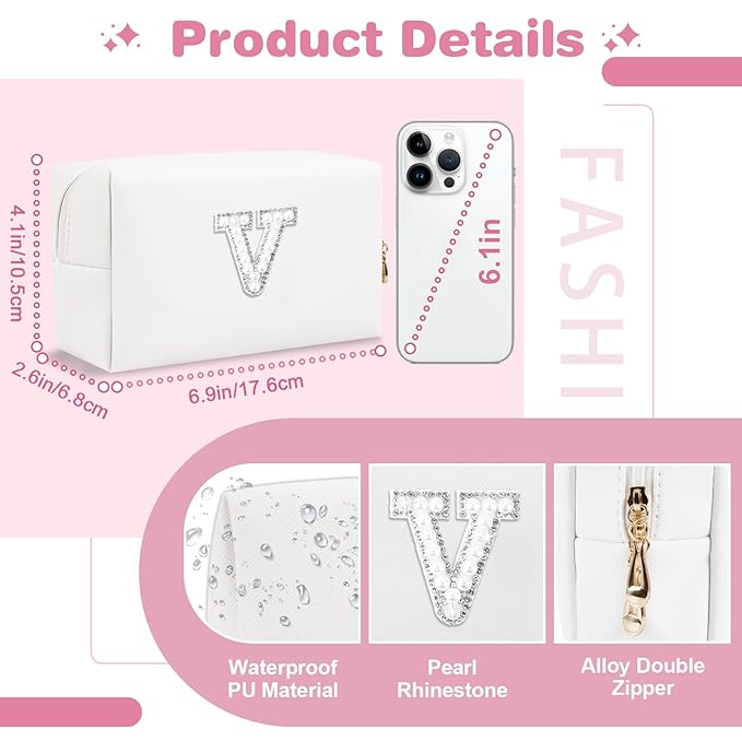 Bride Gifts – Personalized Initial Makeup Bag with Pearl Rhinestone Patch, Preppy White Monogram Cosmetic/Toiletry Pouch, bridesmaid Gifts, Bridal Shower Gifts, Wedding Gifts, Bridal Gifts,V