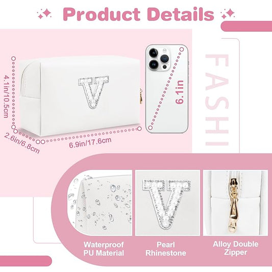 Bride Gifts – Personalized Initial Makeup Bag with Pearl Rhinestone Patch, Preppy White Monogram Cosmetic/Toiletry Pouch, bridesmaid Gifts, Bridal Shower Gifts, Wedding Gifts, Bridal Gifts,V