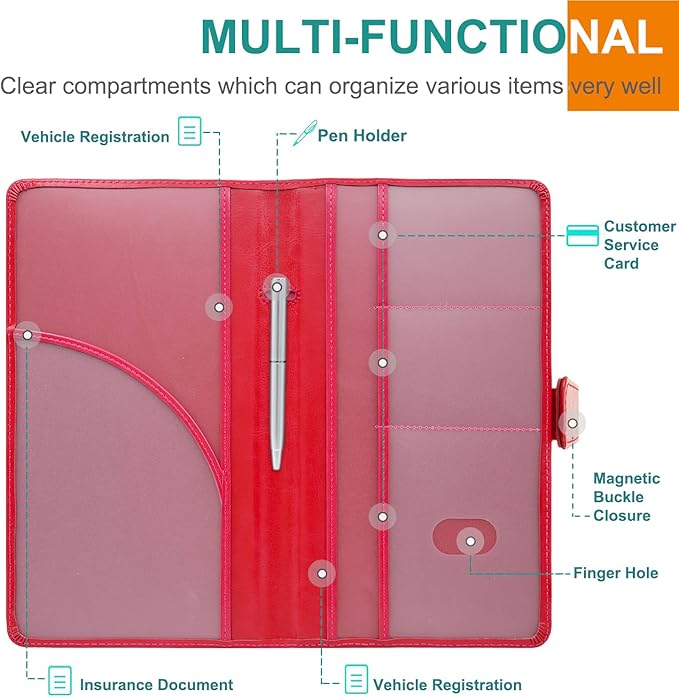 RSAquar Car Registration and Insurance Holder, Leather Car Glove Box Organizer, Cool Car Accessories for ID, Driver's License Cards & Essential Document, Men&Women, Red