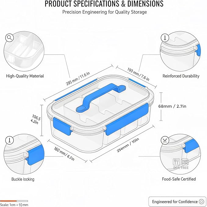 Li & Zhao Snackle Box Container - 4-Compartment Divided Snack Serving Tray with Silicone Handle, Perfect for Picnics, Leak-Proof, and Dishwasher-Safe Dressing Containers(Blue)