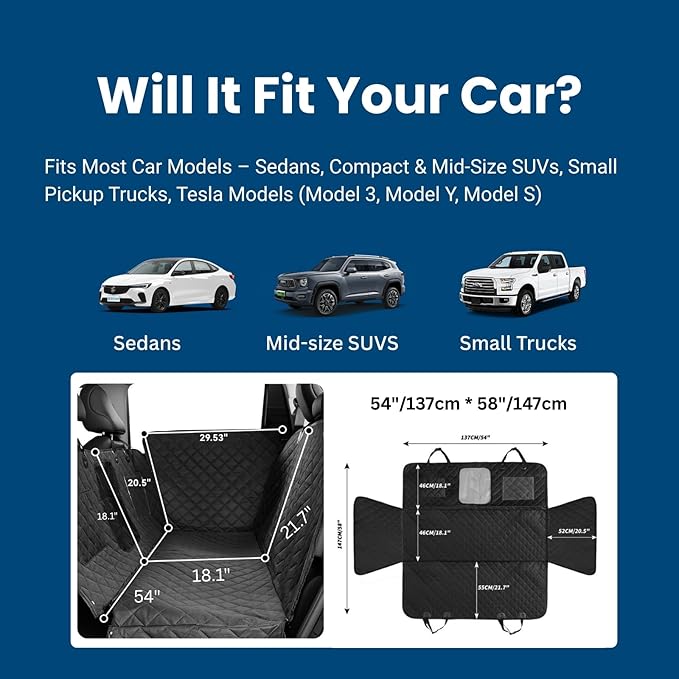 Dog Hammock for Car with Door Protectors, Waterproof, Scratchproof, Split Soft Dog Seat Cover for Back Seat with Mesh Window, Fits SUV/Sedan/Tesla Models (Black)