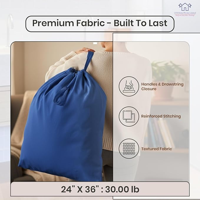 LFH Home Cotton Canvas Large Laundry Bag with Handle, Heavy Duty Drawstring Closure Washable Laundry Bags, School Travel, Home, Hotel, College Dorm, Organizer Sack, Toys Clothes 24x36-Sky Blue