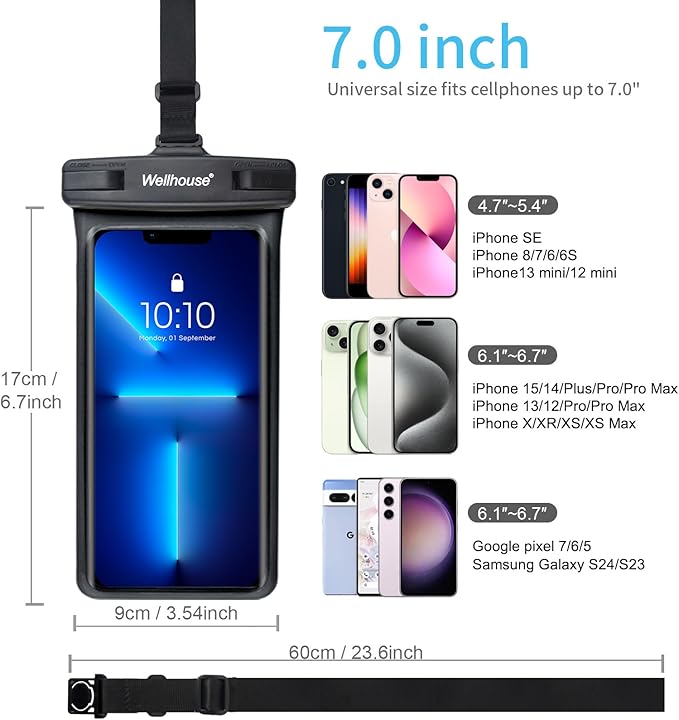 wellhouse Waterproof Phone Pouch, Waterproof Phone Case for iPhone 16 15 14 13 12 Pro Max XS Samsung, IPX8 3D Cellphone Dry Bag Beach Essentials (1 Pack - Black7.0, 7 inch)
