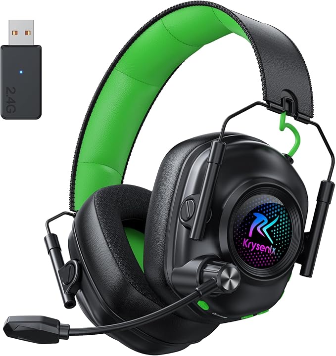 Wireless Gaming Headset with Noise Canceling Microphone for PC, PS5, PS4, Switch, Mac, 2.4 GHz Wireless & Bluetooth 5.4 Gaming Headphones, Cool RGB Lighting, 40Hr Battery, 50mm Drivers(Black Green)