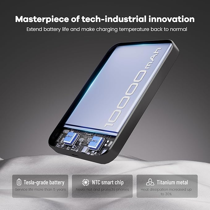 Magnetic Portable Charger – Industry-First Titanium Power Bank, 10,000mAh Ultra-Slim 0.5-Inch Design, 20W Fast Charging Battery Pack for iPhone 17/16/15/14/13/12/Air Series