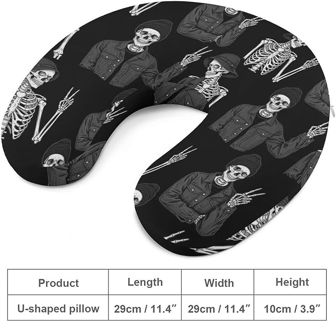 Soft Memory Foam Travel Pillow Chin Support Custom Human Skeleton Skull, Removable Washable Cover for Airplane Car Home Office Nap