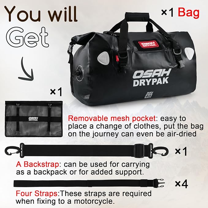 Waterproof Duffel Bag - Motorcycle Dry Bag Tail Bag with Large Storage Space, Waterproof Luggage Duffle Bags with Outer Mesh Zipper Pocket for Camping, Kayaking, Fishing & Traveling