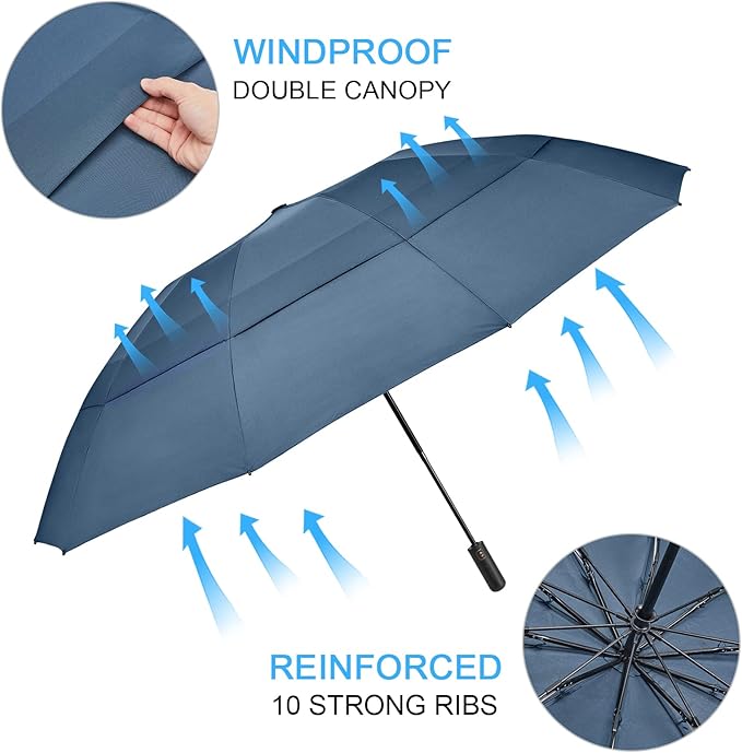 G4Free 42 Inch Inverted Travel Umbrella Compact Windproof 10 Ribs Reverse Small Portable Umbrella for Rain Double Canopy Vented Automatic Open Close for Man Women(Blue)