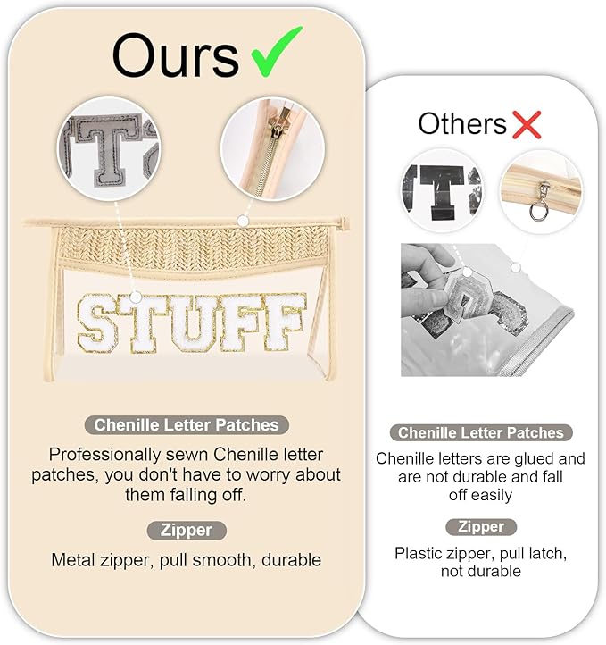 Small Boho Straw Clear Skin Makeup Bags for Women&Girls, Zipper Cosmetic Bag Chenille Varsity Letter Patch Bag, Preppy Cute Toiletry Pouch, Trendy Organizer Storage Bag for Beach Travel Essentials