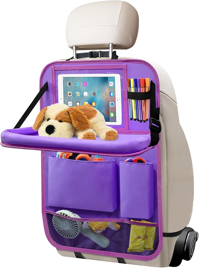 Etre Jeune Car Backseat Organizer with Tray, Seat Back Table Holder with 6 Storage Pockets, Car Seat Back Protectors Kick Mats Travel Accessories, 1 Pc Purple