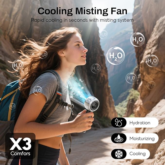 Misting Portable Handheld Fan, Powerful Turbo Motor, 6000mAh Rechargeable Battery, Personal Mini Fans with 4 Strong Wind, Cooling Gadgets for Travel, Camping, Beach, Outdoor, Gifts for Women Men-Black