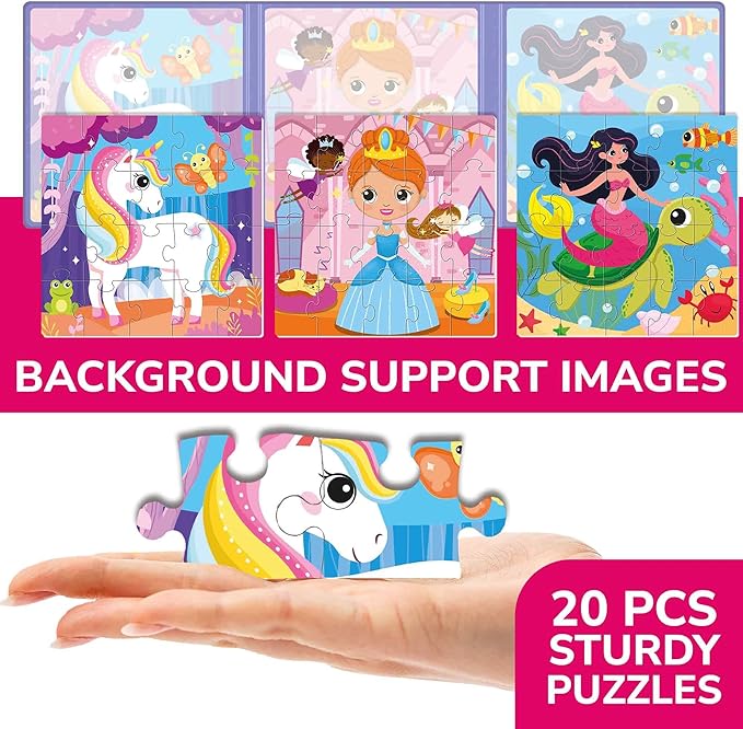 QUOKKA Magnetic Toddler Puzzles Ages 2-4 – 24 Pieces Kids Puzzles Ages 3-5 – Travel Games and Toys for Kids 4-6 Girls – Car Airplane Road Trip Activities with Unicorn, Princesses, Fairies and Mermaids