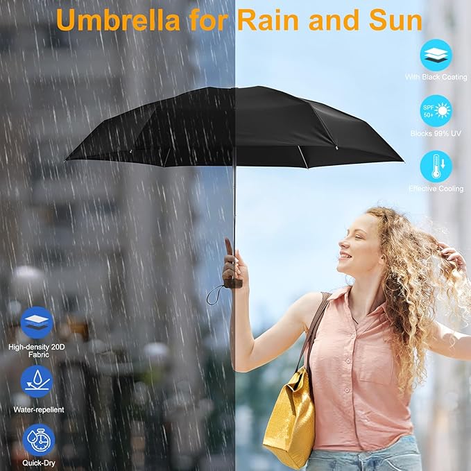 G4Free Mini Travel Folding Umbrella for Purse, Compact UPF 50+ UV Protection Sun & Rain Small Umbrella, Lightweight Portable Parasol Fits in Pocket, Wallet for Women Men(Carbon black)