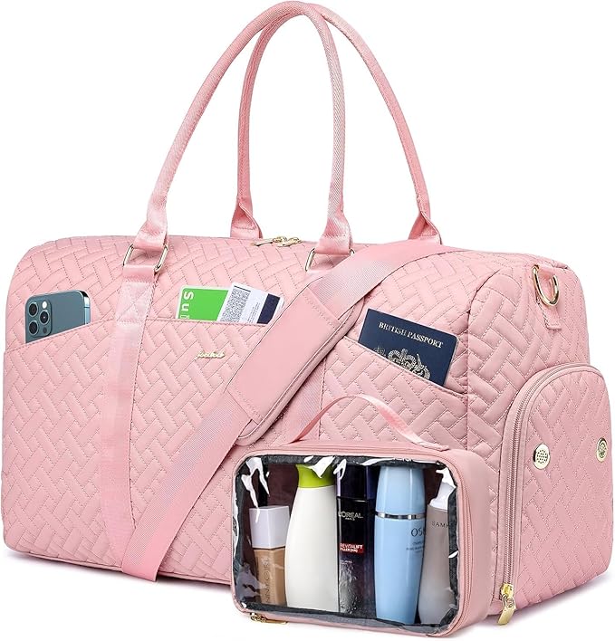Women Weekender Travel Duffle Bag: Travel Duffel Overnight Bags with Shoe Compartment Large Carry on Tote with Toiletry Bag Weekend Traveling Yoga Gym Hospital Bag for Women with Wet Pocket Pink