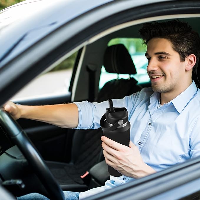 HYDROWION 32oz Water Bottle, Double Wall Vacuum Stainless Steel Insulated Water Flask with Straw Lid, Spout Lid and Flex Cap(Cold for 48 Hrs, Hot for 24 Hrs), Leakproof Travel Thermo Mug, Black&Grey