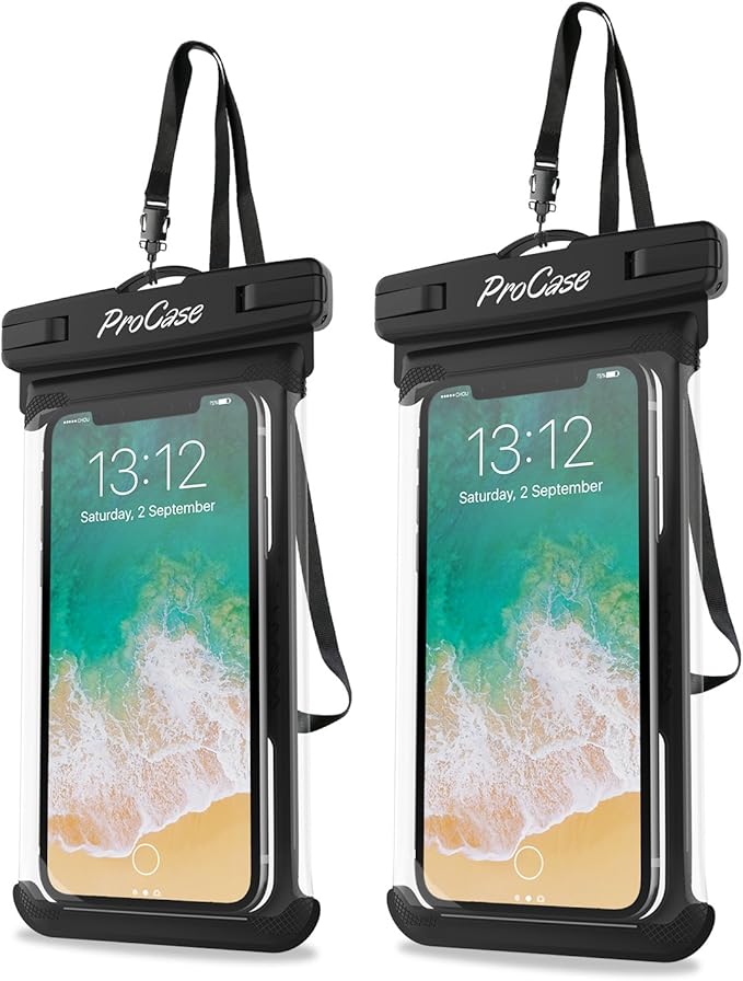 ProCase 2 Pack Waterproof Phone Pouch, Underwater Phone Case Up to 7", Dry Bag for iPhone 17 Air 16 15 14 13 Pro Plus Max, Galaxy S24 S23 S22 Ultra Pixel, Beach Essentials -Black