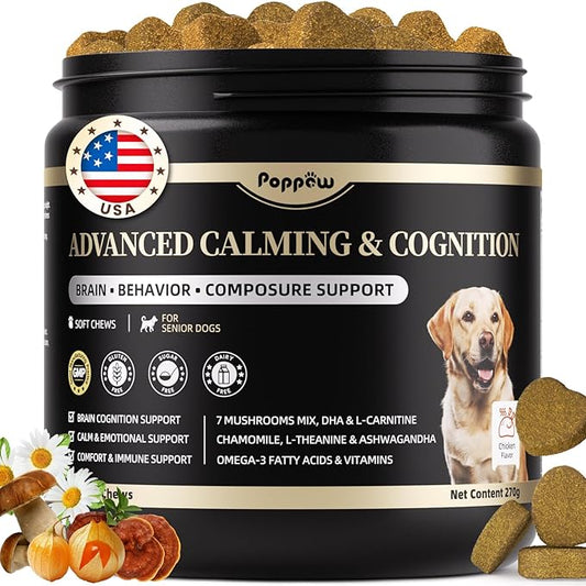 Advanced Calming Chews for Dogs-Brain & Composure Support with 7 Mushrooms, Ashwagandha, Omega-3 DHA & EPA, Anxiety Relief Dog Calming Treat, ll Breeds & Sizes Puppy, Chicken Flavor, 135Ct