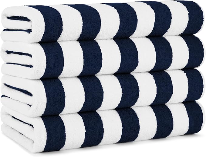 Arkwright California Cabana Stripe Beach Towel - Pack of 4, Large Soft Quick Dry Cotton Terry Towels Set for Pool, Swim, and Hot Tub, Oversized 30 x 70 in, Navy