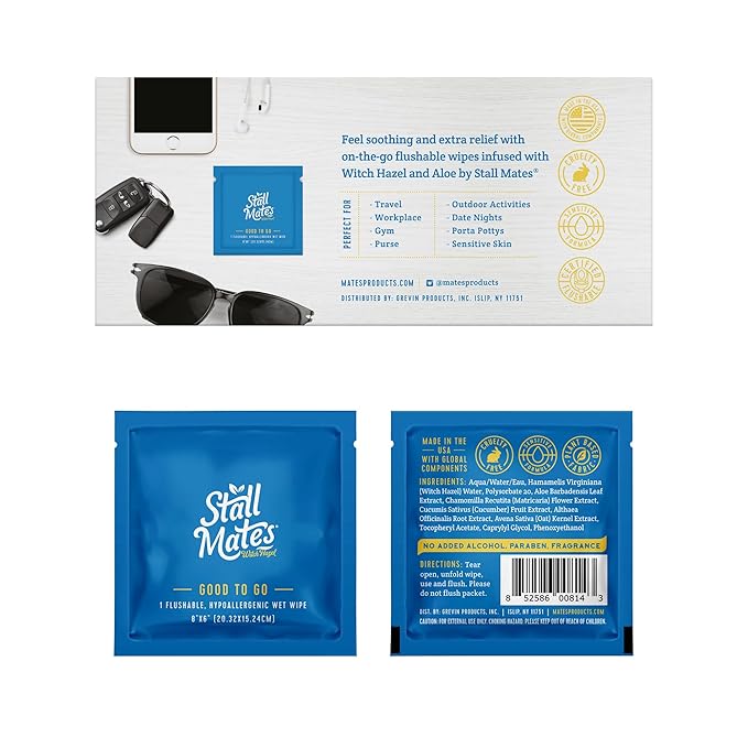 Stall Mates Wipes Witch Hazel: Flushable Wipes | Individually Wrapped | Travel Friendly | Soothing Witch Hazel | Unscented with Cucumber, Aloe and Chamomile | (30 on-the-go singles)
