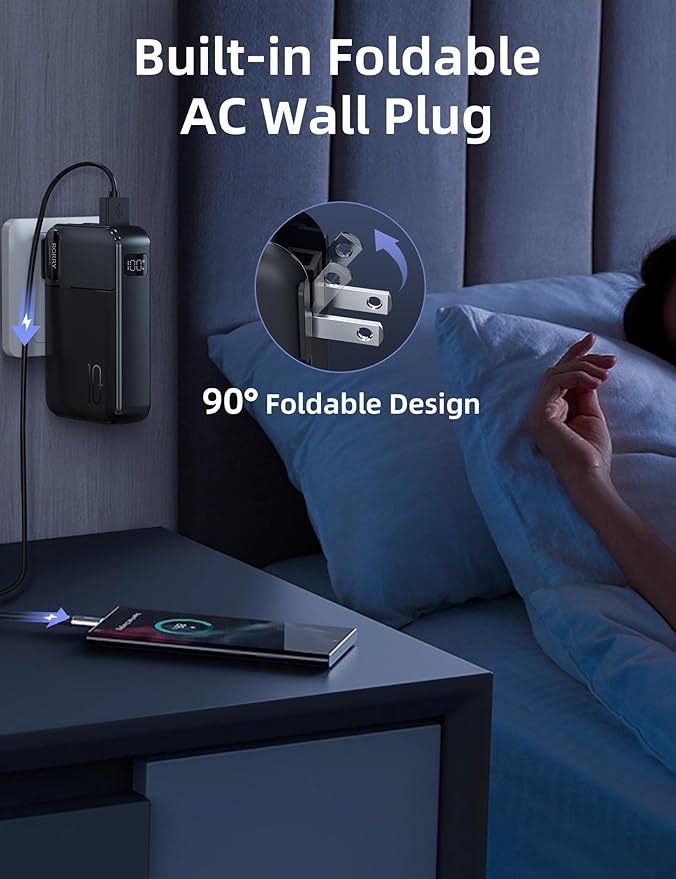 RORRY Portable Charger Built in Cables, AC Wall Plug In Portable Charger Power Bank 10000mAh Travel Battery Pack 22.5W Fast Charging for iPhone 17/16/15 Samsung Galaxy S24/S23/S22 Pixel LG iPad, Black