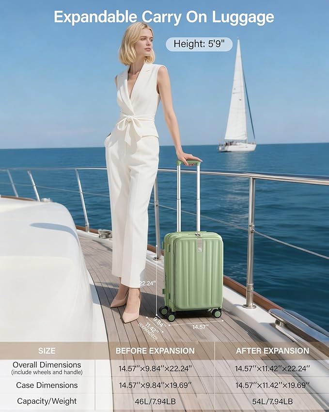 Hanke 20 Inch Expandable Carry On Luggage Airline Approved Top Opening Hard Shell Suitcases with Wheels Lightweight Travel Luggage Carry On Suitcase for Woman Men-Bamboo Green