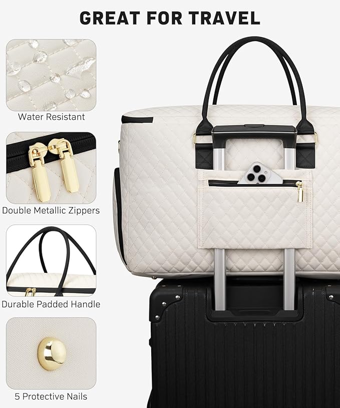 Travel Duffle Bag, Weekender Bag for Women with Shoe Compartment, Large Carry On Overnight Bag with Toiletry Bag, Gym Duffel Bag with Wet Pocket, Hospital Bags for Labor and Delivery (Beige Black)