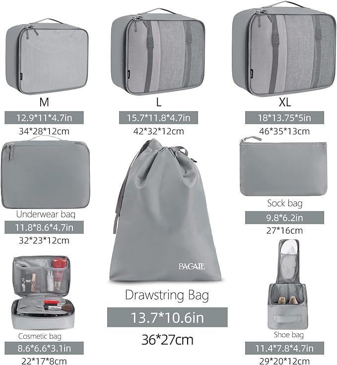 BAGAIL 8 Set Packing Cubes Luggage Packing Organizers for Travel Accessories-Pewter Color