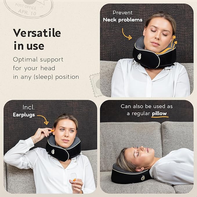 Travel Pillow - Airplane Neck Pillow with 360° Support - 100% Pure Memory Foam Flight Pillow for Sleeping on Airplanes - Travel Neck Pillow for Traveling
