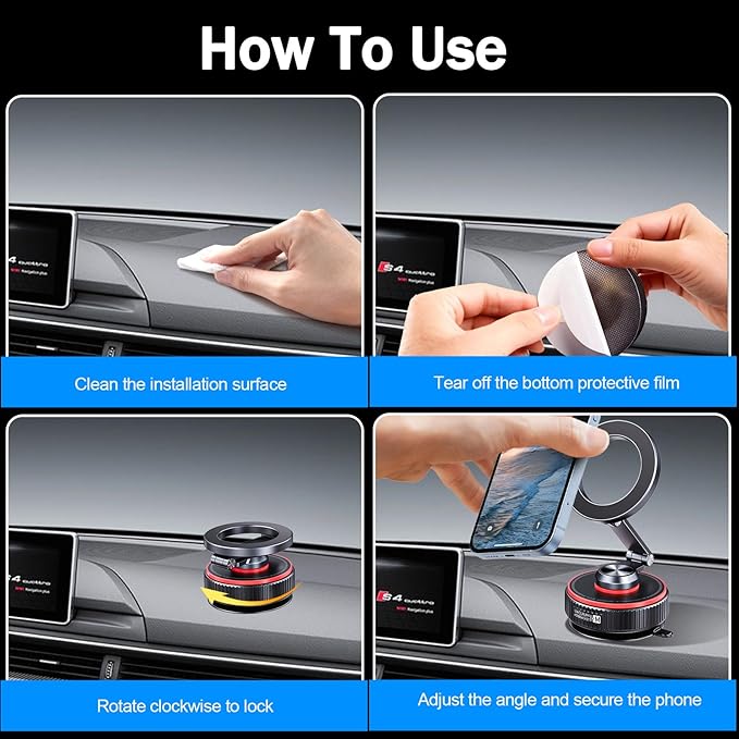 Magnetic Car Phone Mount, 120+ LB Vacuum Suction & 3000gf Magnetic Force, 360° Triple-Axis Adjustable Car Holder for iPhone & All Phones, Twist-Lock Suction Cup, Quick-Release – Black