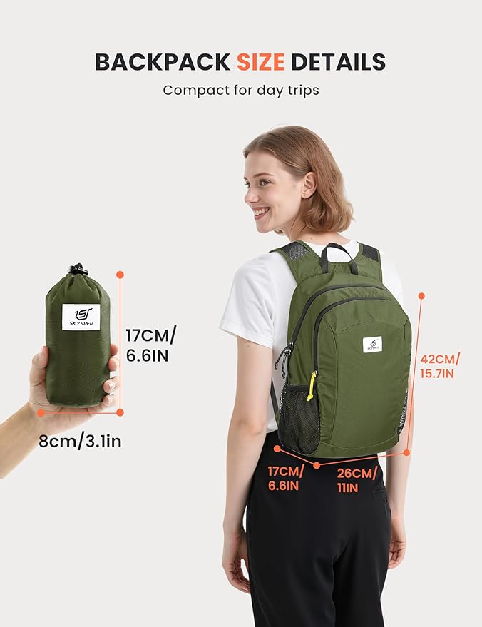 SKYSPER 16L Hiking Backpack Lightweight Small for Women Men, Foldable Packable Daypack - Travel Camping Backpack, Outdoor Hiking Bag (Armygreen)