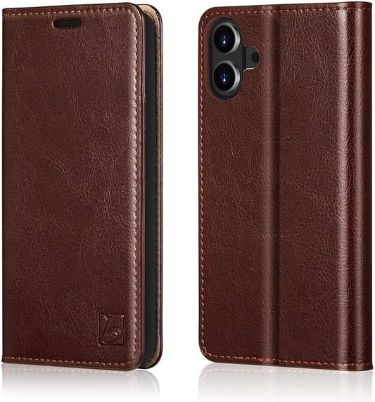 Belemay Leather Wallet Case Compatible with iPhone 17, Premium Cowhide Leather Two-Tone Effect, RFID Blocking Card Holders, Shockproof TPU Shell, Kickstand, Protective Flip Cover, 6.3", Brown