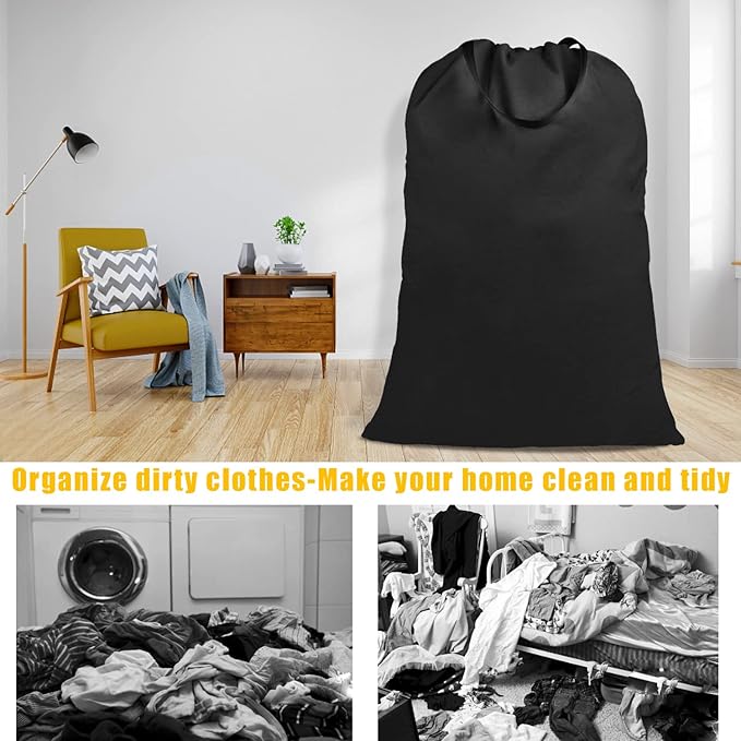 Cotton Canvas Laundry Bag with Handles & Drawstring Straps, Heavy Duty Extra Large Laundry Bags for Laundromat and Household, 25.5x34 Inch, Black
