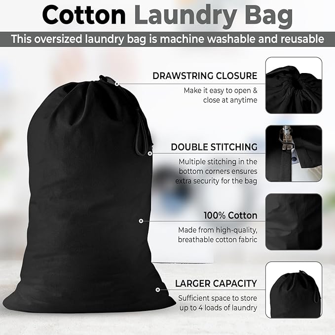 2 Pack - Extra Large Cotton Laundry Bag, Heavy Duty Large Laundry Bags 24 x 36 inch XL Drawstring Travel Organizer Bag Fit Hamper Basket Camp (Dark Grey, Pack of 2)