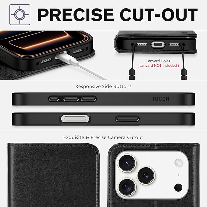 TUCCH Case Wallet for iPhone 17 Pro (6.3") 2025, RFID Blocking 3 Card Holders | Kickstand | PU Leather | Protective Flip Folio Cover | TPU Shockproof Interior Shell | Black