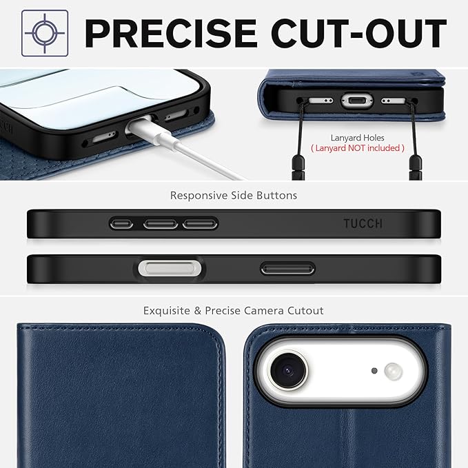 TUCCH Case Wallet for iPhone Air (6.5-Inch) 2025, 3 Card Slots | Kickstand | RFID Blocking | PU Leather | Protective Flip Folio Cover | TPU Shockproof Interior Shell | Deep Blue