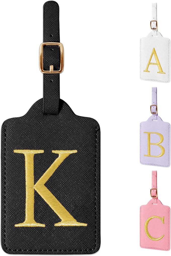 Personalized Initial Luggage Tags for Suitcase TSA Approved, Black Leather Cute Luggage Tag with Privacy Cover Name Card, Embroidered Custom Luggage Tags Travel Backpack Tags Gifts for Women Kids(K)