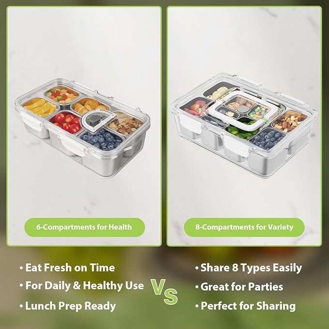 Snackle Box Container, Stainless Steel Divided Serving Tray with Lid and Handle, 8 Compartment Portable Snack Platters - Clear Storage Organizer for Fruit Candy Nuts Veggie - Perfect for Travel Party