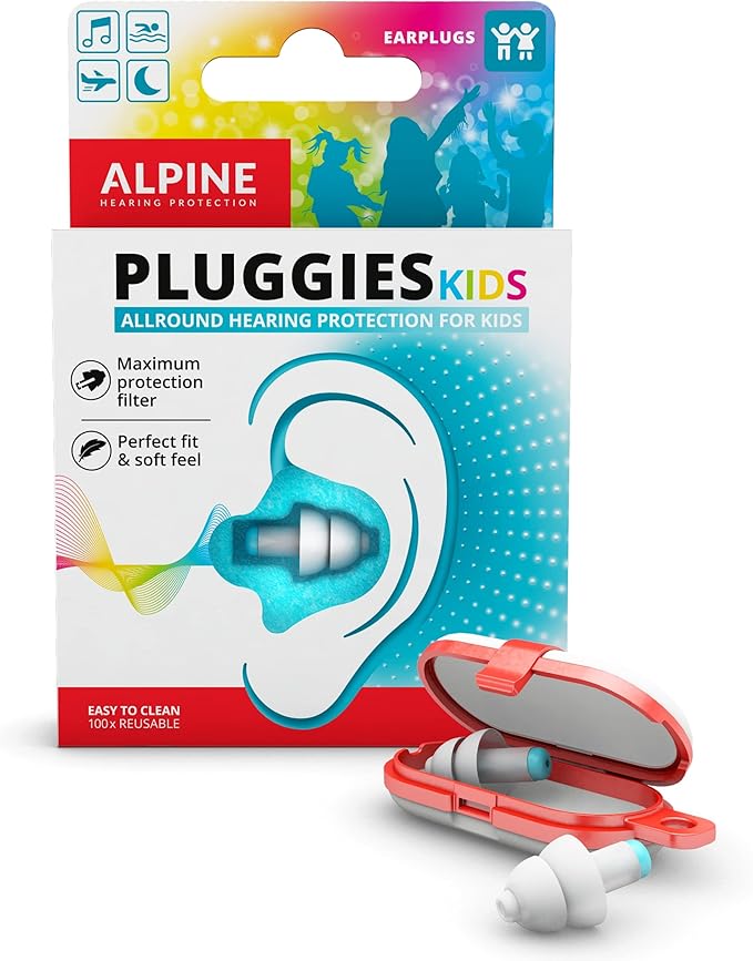 Alpine Pluggies Kids Ear Plugs for Small Ear Canals – Noise Cancelling Earplugs Age 5–12 – Multi-Purpose Ear Protection for Sleep, Flying, School, Swimming – 25dB Reusable Hypoallergenic Filters