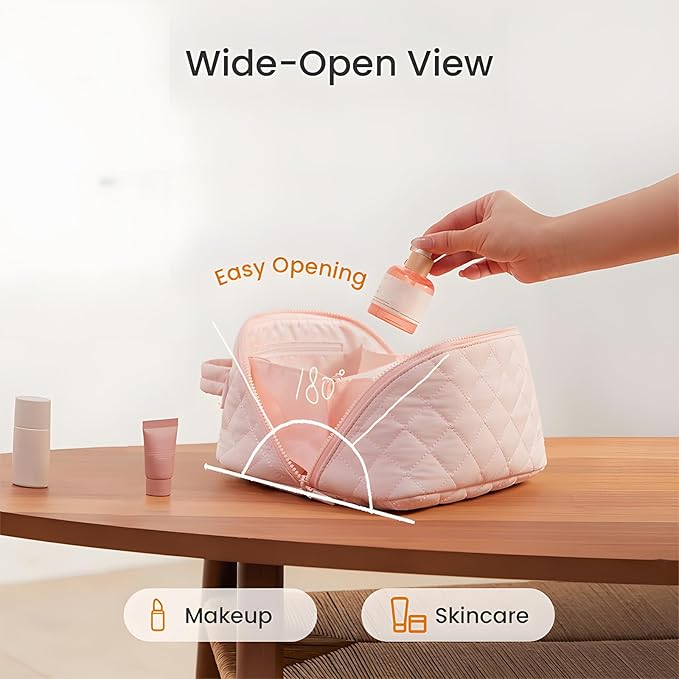 Amposei Makeup Bag Travel Toiletry Bag,Travel Makeup Bag for Women, Puffer Waterproof Cosmetic Organizer, Large Capacity Pouch Open Flat Small Toiletry Bag with Brush Compartment & Handle (Khaki)