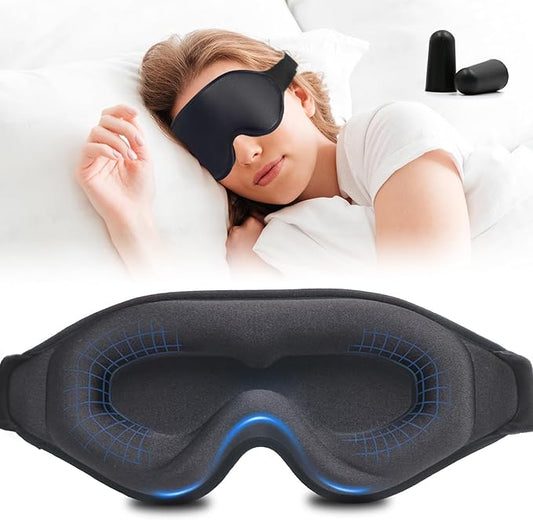 3D Sleep Mask with Earplugs, 100% Light Blackout Eye Mask for Sleep, Washable Sleeping Mask, 0 Pressure Eye Covers for Sleep with Wider Adjustable Strap, Only 1.3oz Light Soft Sleeping Mask (Black)