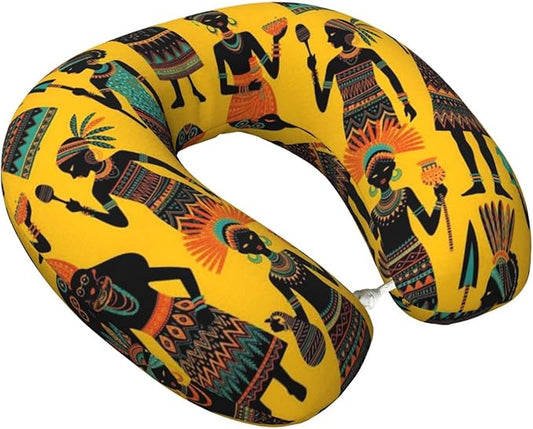 Neck Travel Pillow, Breathable Memory Foam Chin & Head Support Cushion Traditional African Women Art Yellow for Airplane Car Sleeping Rest
