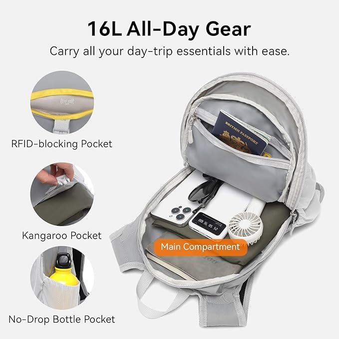 CROSSGEAR Foldable Hiking Backpack, 16L Lightweight Packable Backpack with RFID Pocket, 210D Nylon Fabric, Water Resistant Small Daypack for Women Men Gray