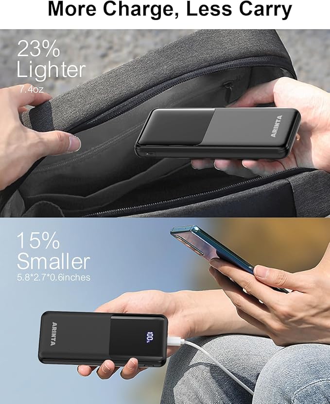 Power Bank Portable Charger 10000mAh PD 22.5W, Battery Pack for Heated Vests & Jackets, LED Display & USB-C in/Out, Travel Essentials, Compatible for Smartphones, Tablets & More (Black)