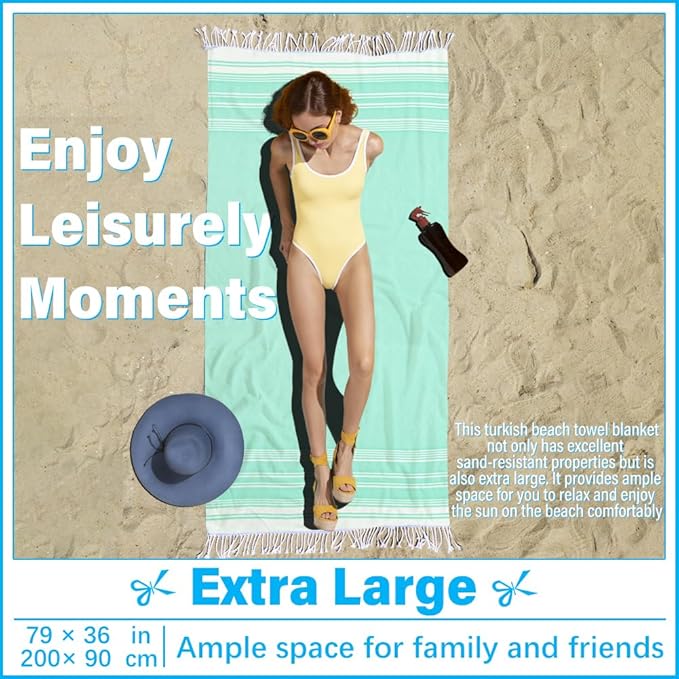 Thin Turkish Beach Towel Lightweight Soft Cotton Extra Large XL Oversized Sand Free Sandproof Absorbent Quick Dry Towels Cloud Bath Pool Travel Compact Essentials Accessories for Adult Gifts