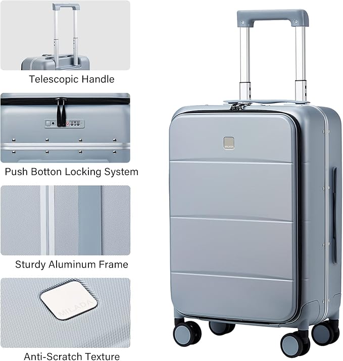 MILADA Carry On Luggage 22x14x9 Airline Approved Spinner Wheels TSA Luggage Hard Shell Suitcases Front Opening Pocket For Women Men Rolling Aluminum Frame Travel Luggage 20 Inch, Grey