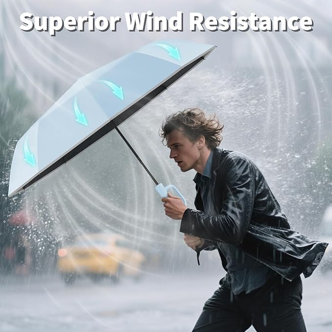 Seniny Travel Umbrella with Carabiner Handle, Windproof Large Umbrellas for Rain with Dual-Rib Structure, Portable Compact Umbrella with Reflective Strip, Car Backpack UV Umbrellas for Sun Protection