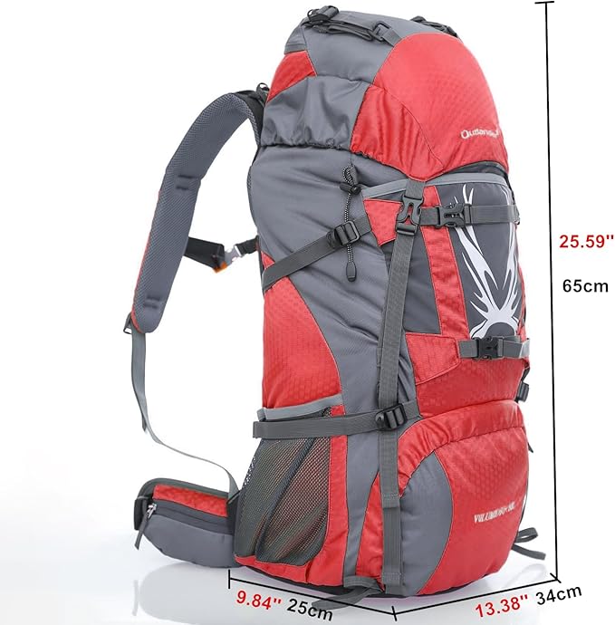 UNISTRENGH 60L Hiking Backpack Internal Frame Mountaineering Camping Backpacking with Rain Cover (Red)